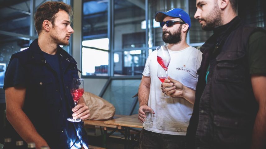 (L-R) François-Xavier Auger, oenologist, and Antoine and Hugo Drappier, eighth-generation winemakers (Credit: Olivier Lemoine).