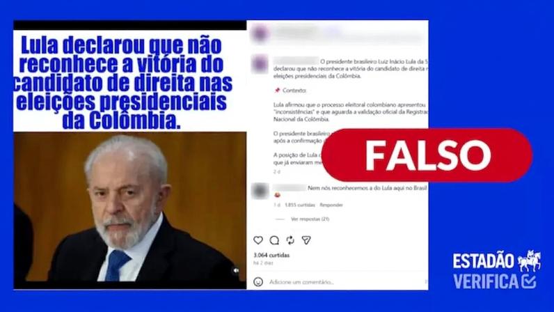 Lula não fez nenhuma declaração sobre o resultado das eleições colombianas