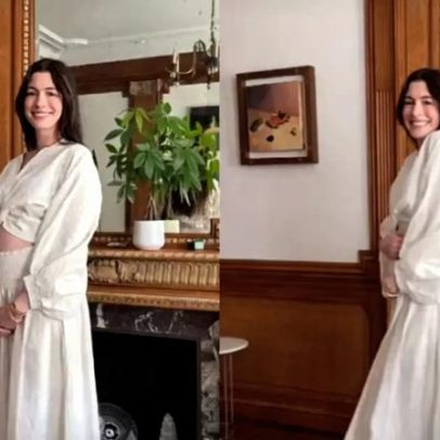 Anne Hathaway anuncia nova gravidez em vídeo nas redes sociais.