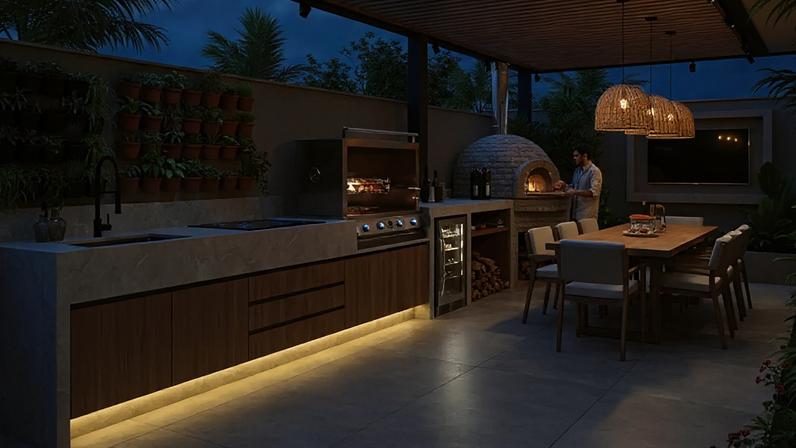 Guia explica materiais, equipamentos e layout ideais para montar uma cozinha gourmet eficiente no quintal