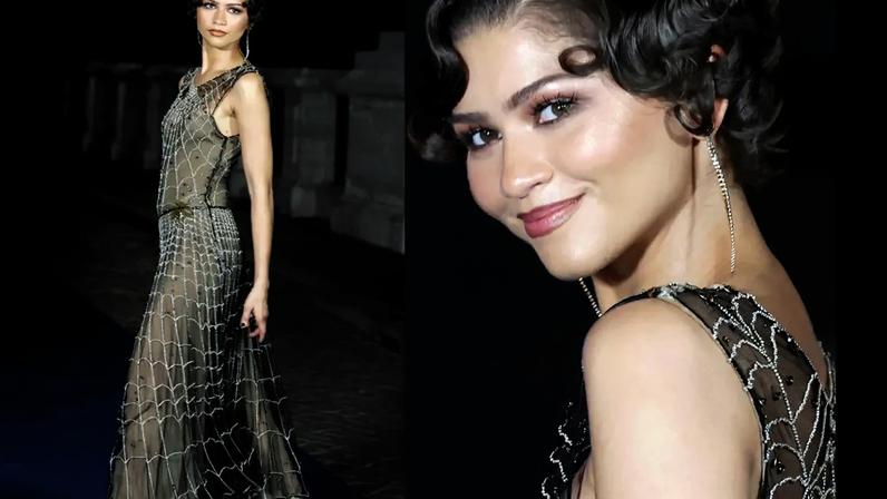 Zendaya transforma teia de aranha em luxo com vestido de cristais da Giorgio Armani na première de 'Homem-Aranha: Um Novo Dia' em Roma.