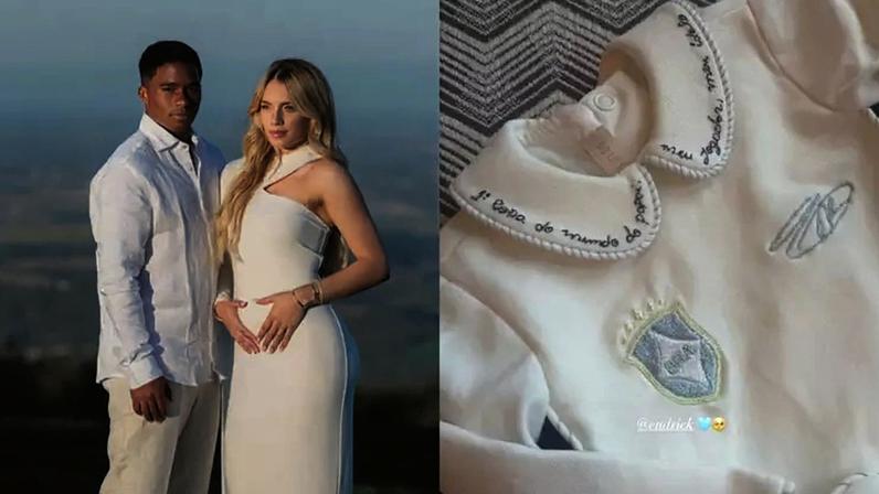 Grávida, Gabriely Miranda mostra roupinha de bebê personalizada para Endrick na Copa: 'Meu ídolo'