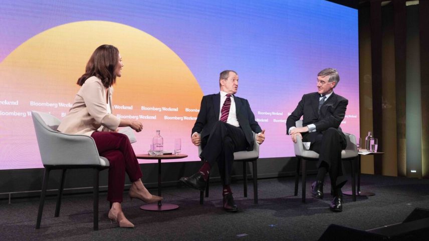 Campbell (center), Rees-Mogg (right) and Bloomberg Weekend’s Mishal Husain (left) debating 10 years since the EU referendum.