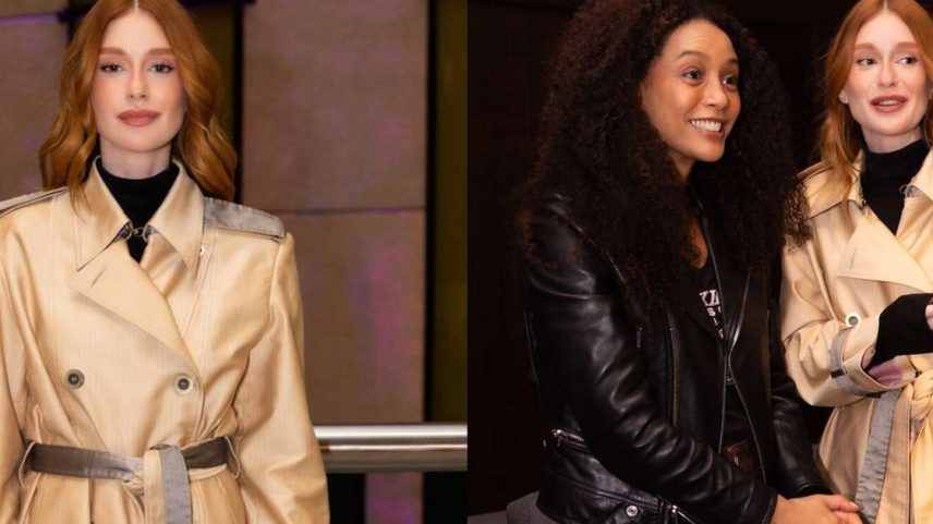 Gola alta, botas longas e trench coat champagne acetinado: Marina Ruy Barbosa prova como elevar o look de Inverno com tons neutros; fotos!