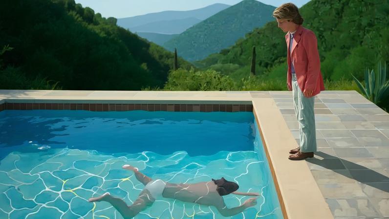 David Hockney, “Portrait of an Artist (Pool with Two Figures),” 1972, part of a running chronicle of his relationship with his muse, Peter Schlesinger.
