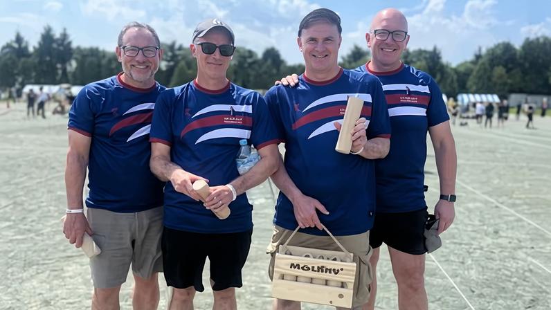 ‘Fiftysomethings or not, our competitive fires still burned’ … from left: Bill, Neil, Graham and Martin at the Mölkky World Championships in Hakodate, Japan, in August 2024.