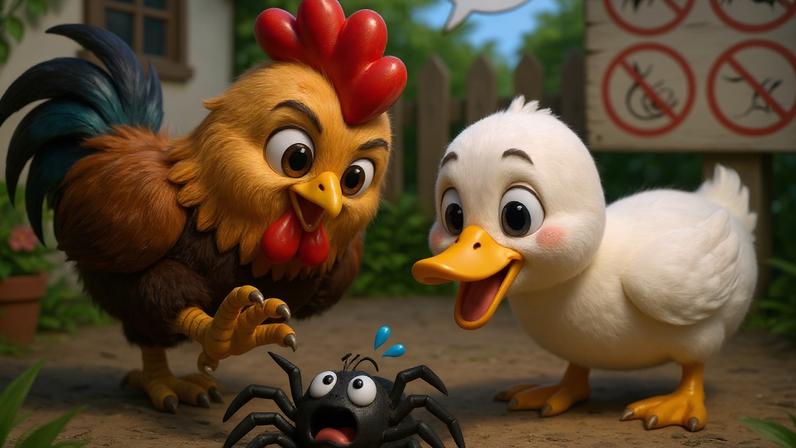 Galo e pato amedrontando aranha