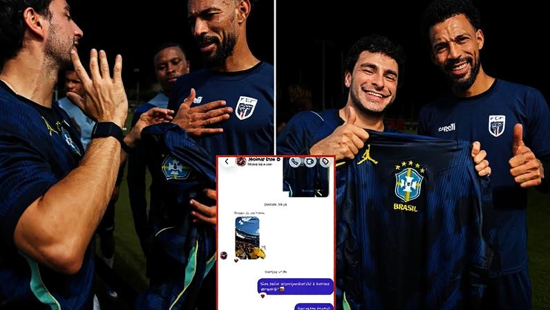 Vozinha recebe a camisa da Seleção Brasileira das mãos do jornalista Rafael Falino