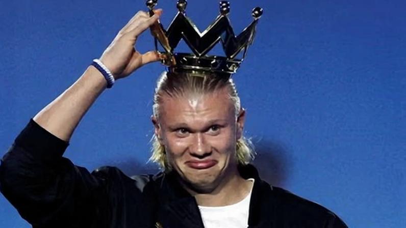 Erling Haaland holds a crown on his head during Manchester City’s celebration parade last week