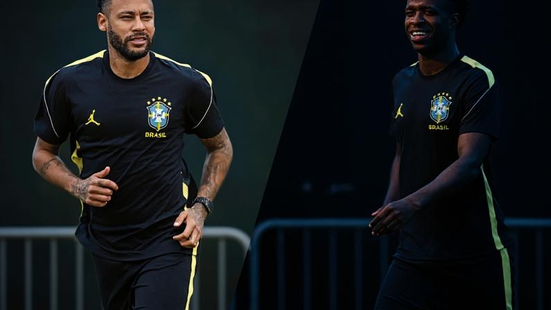 Fotos: Rafael Ribeiro e Nelson Terme/CBF - Legenda: Neymar e Vini demonstraram muito entrosamento no treino