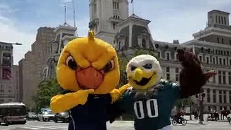 Canarinho Pistola e mascote do Eagles fazem tour pela Filadélfia — Foto: Reprodução/Redes Sociais