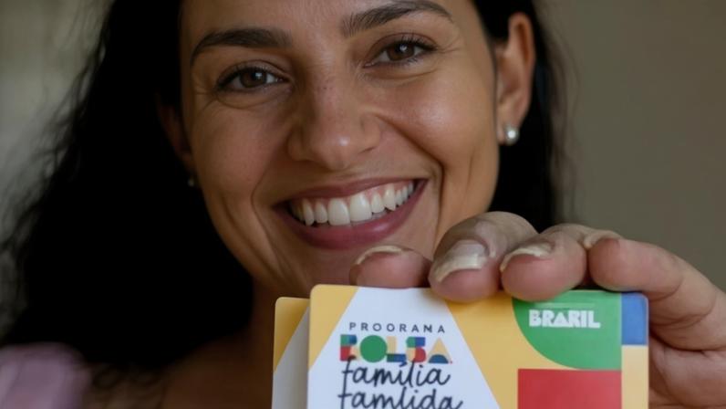 Mulher segurando cartão do Bolsa Família.