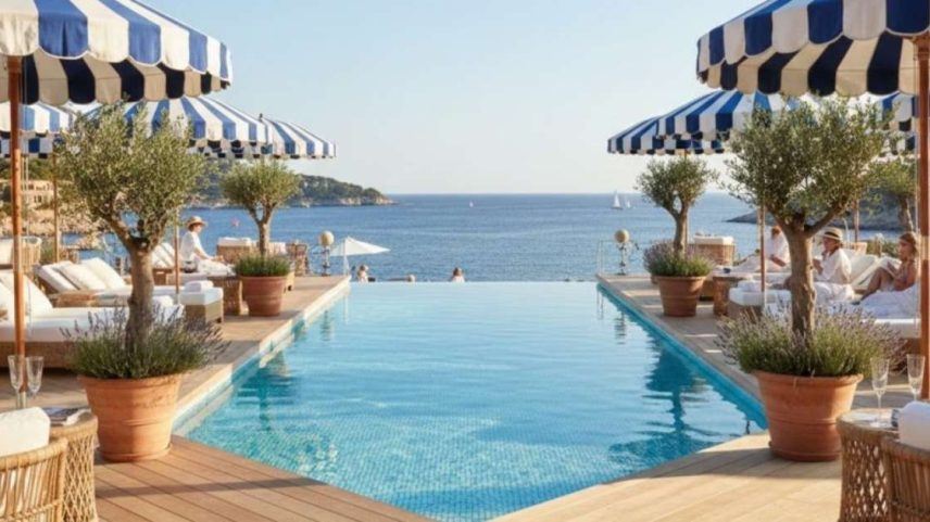A estética St. Tropez valoriza luz natural, materiais orgânicos e azuis delicados em ambientes externos elegantes e acolhedores - Reprodução / IA