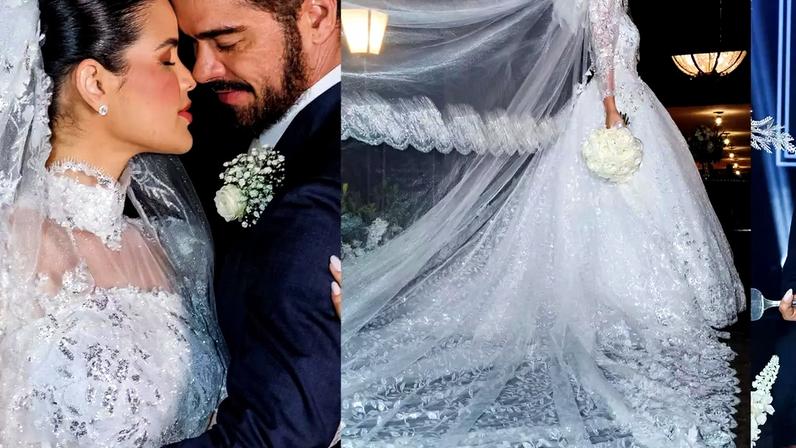 Mangas longas, véu catedral e renda delicada: Luana Sales usa dois vestidos de noiva em casamento de R$ 500 mil com Sidney Sampaio.