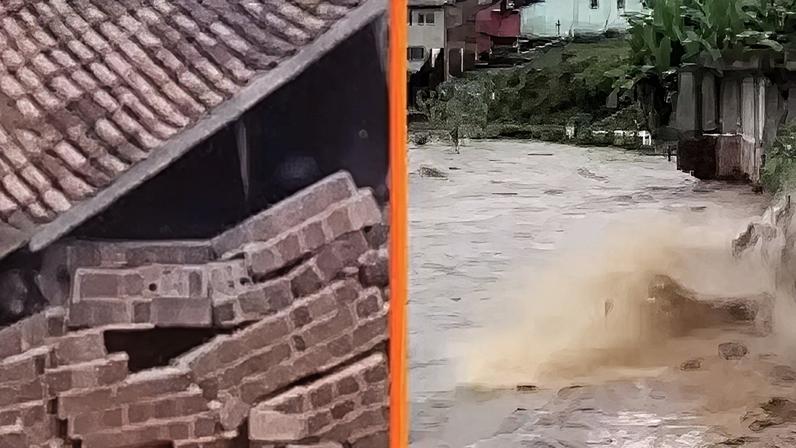 Casa desaba e rios transbordam após fortes chuvas em Pernambuco.