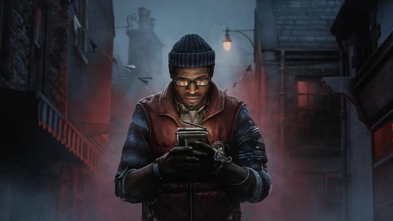 Video game still of a character wearing glasses and a woollen hat looking at a screen in a dark and gloomy town street