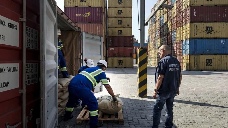 Auditor da Receita Federal inspeciona carga suspeita de ter drogas escondidas no porto de Santos (SP)