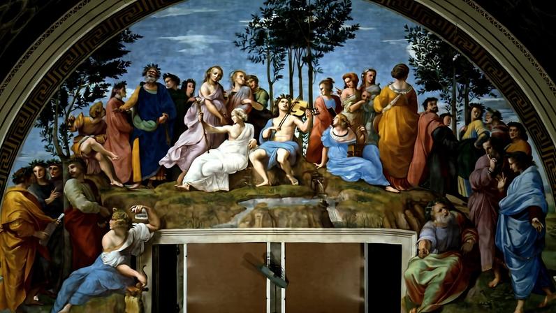 'O Parnaso', afresco do pintor renascentista Rafael de 1509/1510 que ocupa um dos aposentos do Palácio Apostólico, no Vaticano