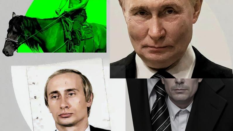 Montagem mostra, de baixo para cima e da direita para a esquerda, um jovem Vladimir Putin de terno e gravata, Putin sem camisa a cavalo e Putin em 2022.
