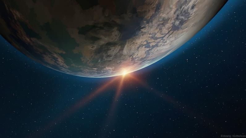 Vista aérea do planeta Terra com a curvatura visível, iluminada por um brilho intenso de luz solar no horizonte, contrastando com o céu estrelado e escuro do espaço
