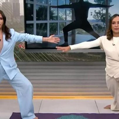 Sabina Simonato faz yoga na Globo e comenta dor na postura do guerreiro