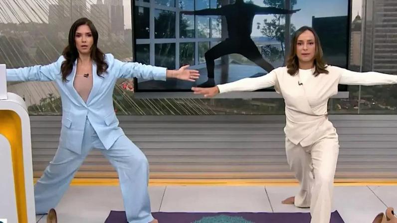 Sabina Simonato arrisca postura do guerreiro em aula de ioga ao vivo na Globo e tem a reação mais sincera possível: 'Tá doendo tudo'.