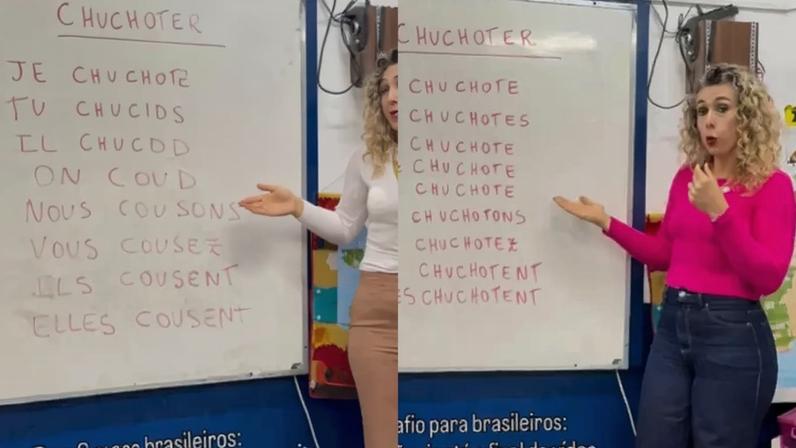 'On coud', 'Je chuchote': Professora de francês faz sucesso ao conjugar verbos que despertam lado '5ª série' de brasileiros
