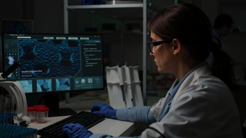 Mulher, cientista de biotecnologia, trabalhando em computador durante pesquisa em laboratório de desenvolvimento. Tecnologia de pesquisa química em laboratório de medicina científica criando um novo tipo de vacina