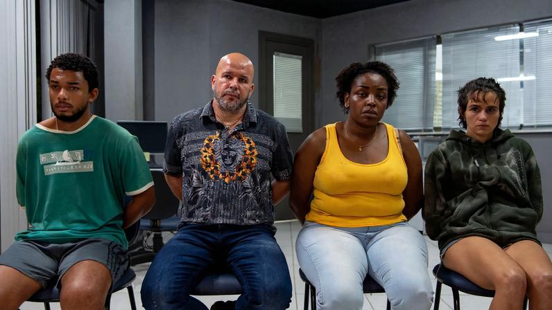 Juan Paiva, Murilo Benício, Belize Pombal e Nanda Costa em cena de 'Justiça 2' (2024)