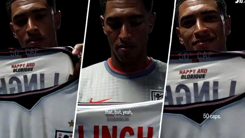 Bellingham mostra camisa comemorativa pelos 50 jogos pela seleção da Inglaterra –