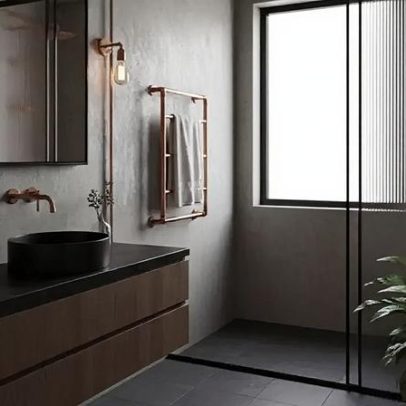 Banheiro em estilo industrial combina rusticidade com sofisticação urbana
