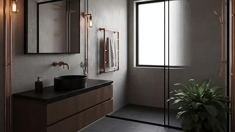 Banheiro em estilo industrial com cobre aparente combina rusticidade, elegância e resistência à umidade