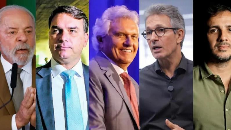 Lula (PT), Flávio Bolsonaro (PL), Ronaldo Caiado (PSD), Romeu Zema (Novo) e Renan Santos (Missão), pré-candidatos à Presidência da República