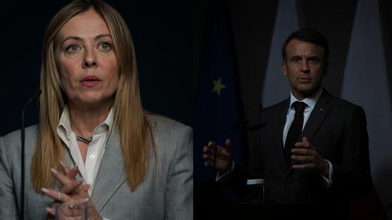 Fotomontagem com a primeira-ministra da Itália, Giorgia Meloni, e o presidente francês, Emmanuel Macron.