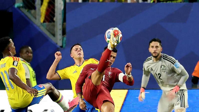 Cristiano Ronaldo attempts an overhead kick during a hugely entertaining first half.
