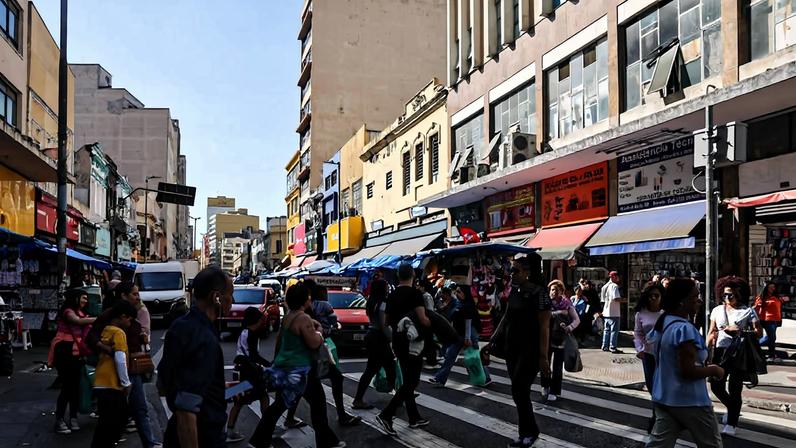 Pessoas cruzam trecho da rua 25 de Março, área comercial de São Paulo
