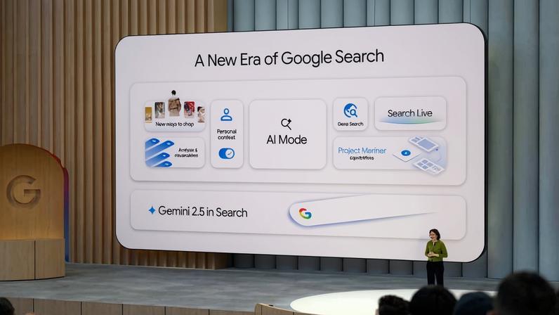 Executiva do Google apresenta funcionalidades de IA das buscas do Google durante evento da empresa na Califórnia