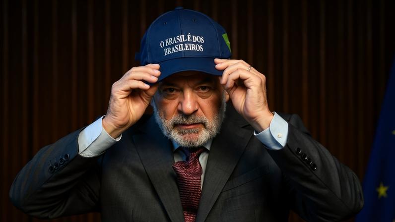 O presidente Lula usa o boné com o slogan "O Brasil é dos brasileiros" como resposta às tarifas impostas pelos Estados Unidos em 2025.