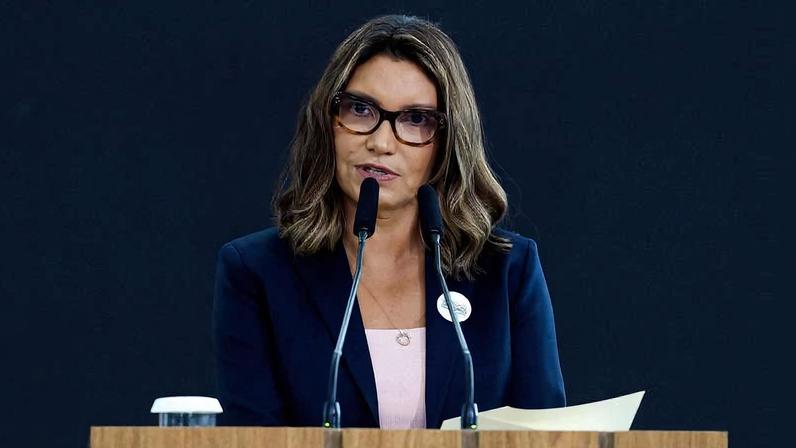 Janja durante cerimônia de lançamento de pacto contra o feminicídio, no Palácio do Planalto, em fevereiro