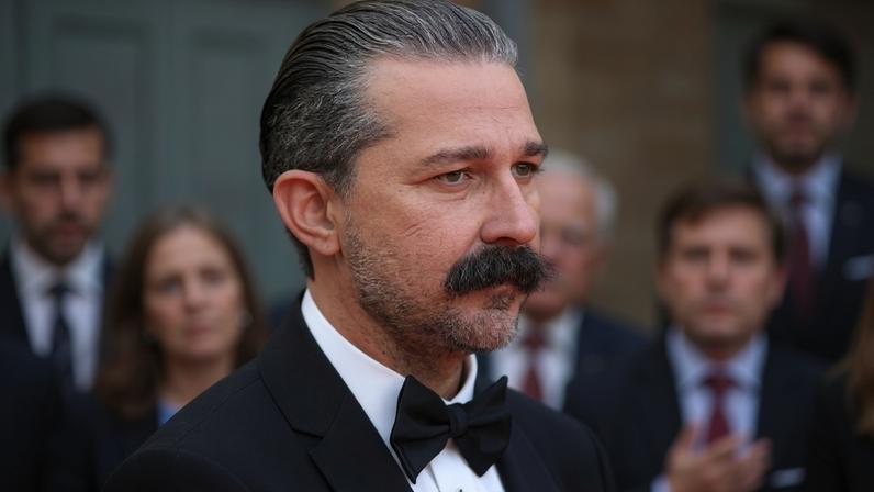 Homem com cabelo grisalho penteado para trás e bigode espesso veste terno preto e gravata borboleta branca em ambiente com pessoas desfocadas ao fundo.