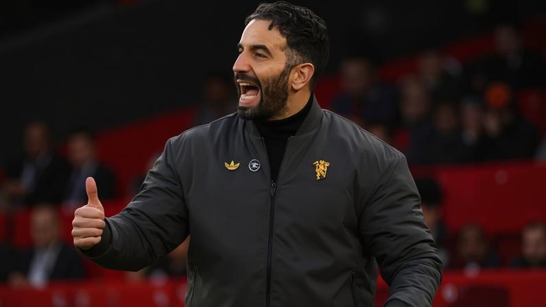 Ruben Amorim gestures on the Old Trafford touchline