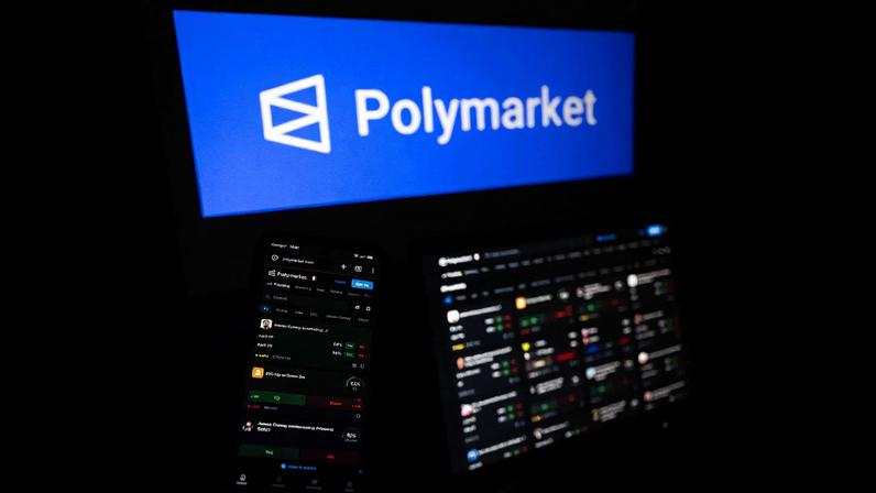 Logo e página inicial da Polymarket, plataforma americana de previsão de mercado baseada em criptomoedas