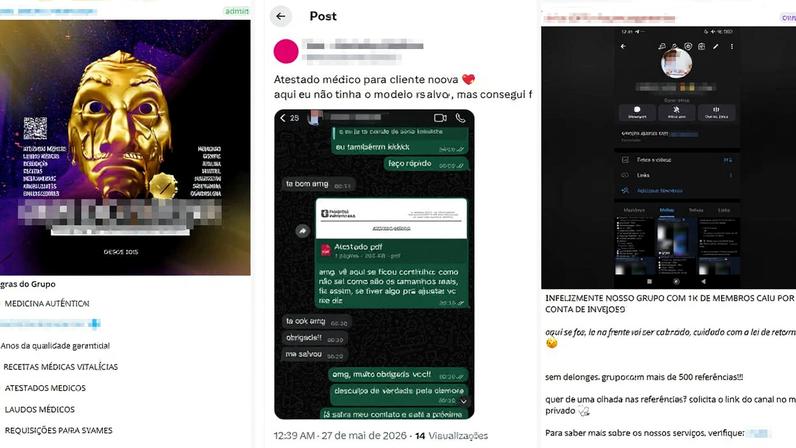 Montagem mostra capturas de tela de grupos de venda de receitas, atestados falsos e medicamentos em aplicativos de mensagens