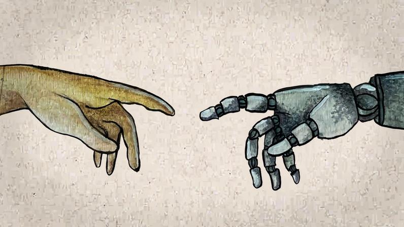 Ilustração mostra à esquerda uma mão humana com o dedo indicador esticado, prestes a alcançar o dedo indicador de uma mão robótica, à direita