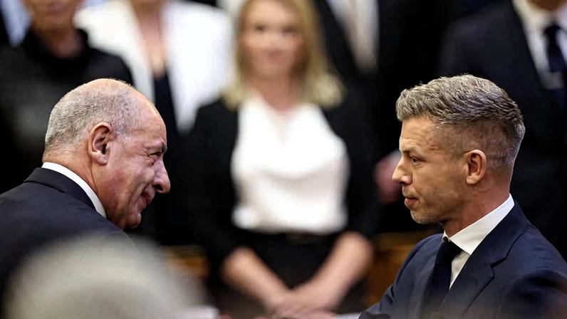 O presidente húngaro, Tamás Sulyok (à esq,), parabeniza Péter Magyar por sua eleição como primeiro-ministro da Hungria no Parlamento, em Budapeste