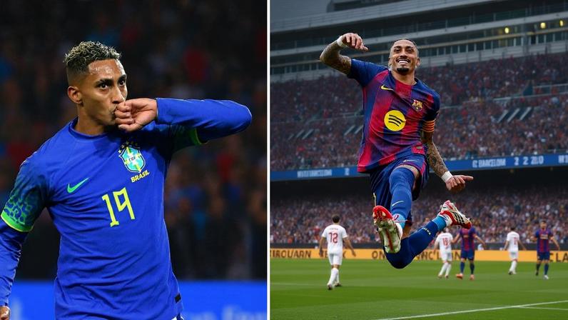 À esquerda, jogador brasileiro com camisa azul número 19 beija o punho durante jogo contra equipe adversária com uniforme vermelho. À direita, mesmo jogador com uniforme do Barcelona salta comemorando gol em estádio cheio, com adversários ao fundo.