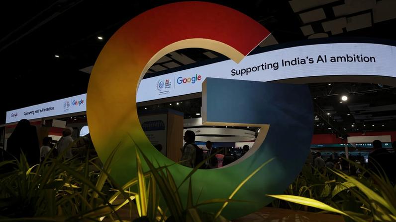 Logo do Google durante o evento AI Impact Summit, realizado em Nova Deli, na Índia