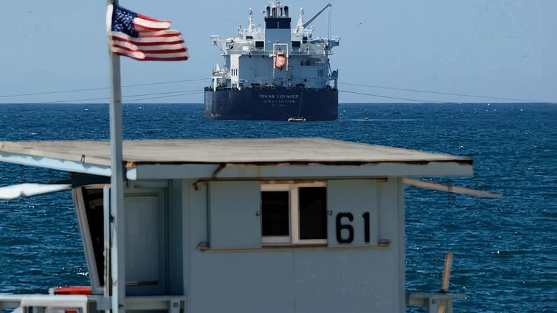 Bandeira americana em frente ao navio-tanque de petróleo da Texas Voyager no Oceano Pacífico