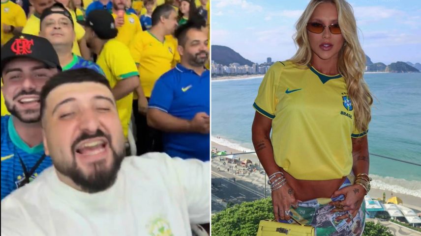 À esquerda, grupo de torcedores com camisas amarelas da seleção brasileira em estádio, alguns sorrindo e um com boné preto com símbolo vermelho. À direita, mulher loira com óculos escuros, camisa amarela da seleção, short estampado e bolsa amarela, em frente à praia com mar e prédios ao fundo.