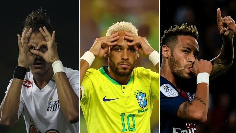 Neymar comemora gols pelo Santos, pela seleção brasileira e pelo PSG